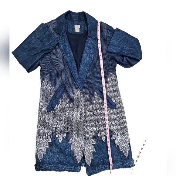 Chico's Size 1 M Blue Denim Embroidered Boho Longline Jacket Coat Festival Artsy - Picture 7 of 8
